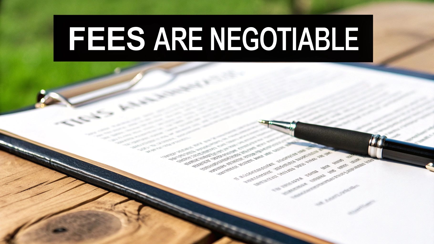 Professional contract document with pen on clipboard stating fees are negotiable for real estate transactions
