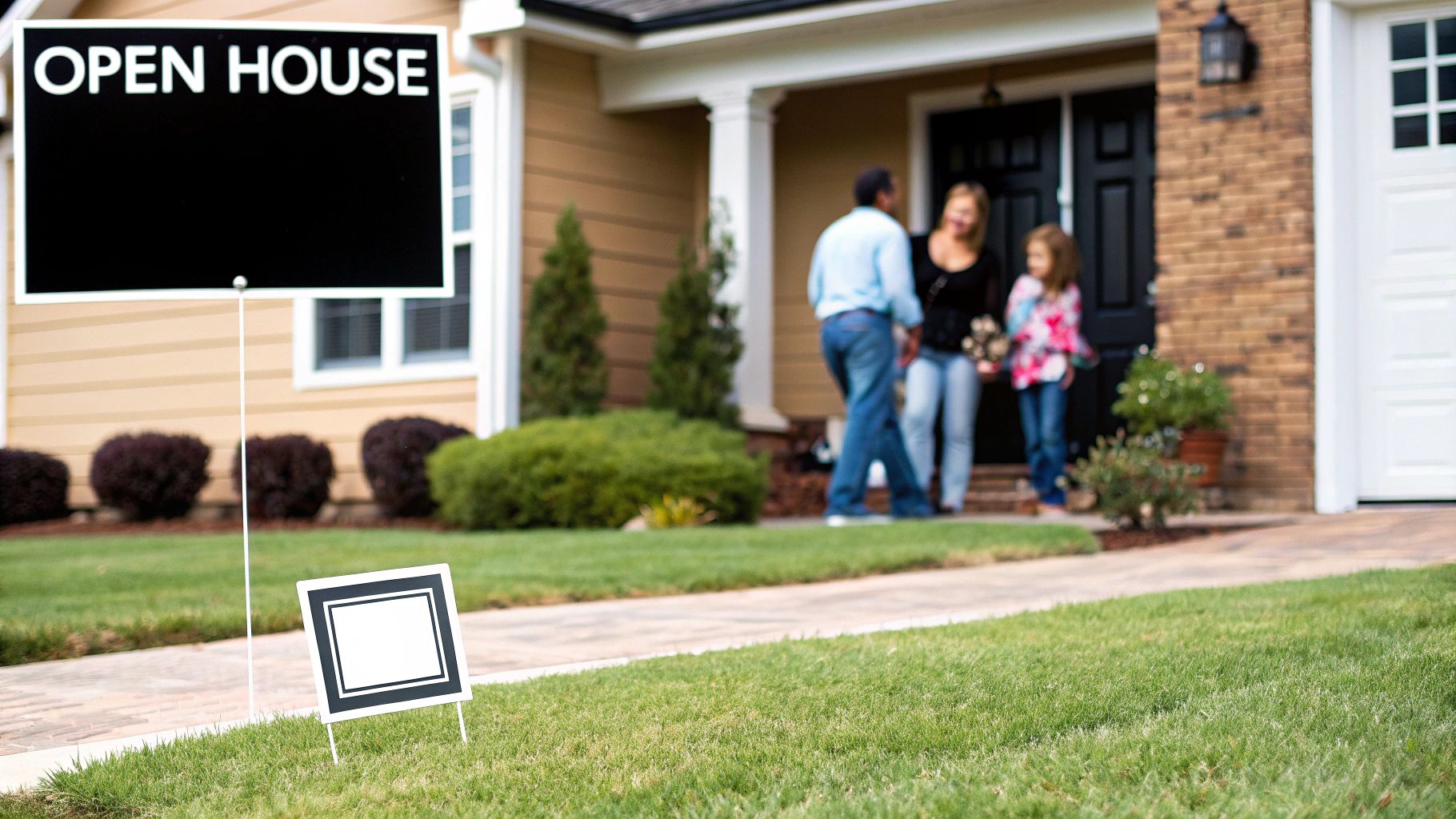Open house sign in front yard with real estate agent greeting family at home entrance,Tips for Selling a Home Fast,