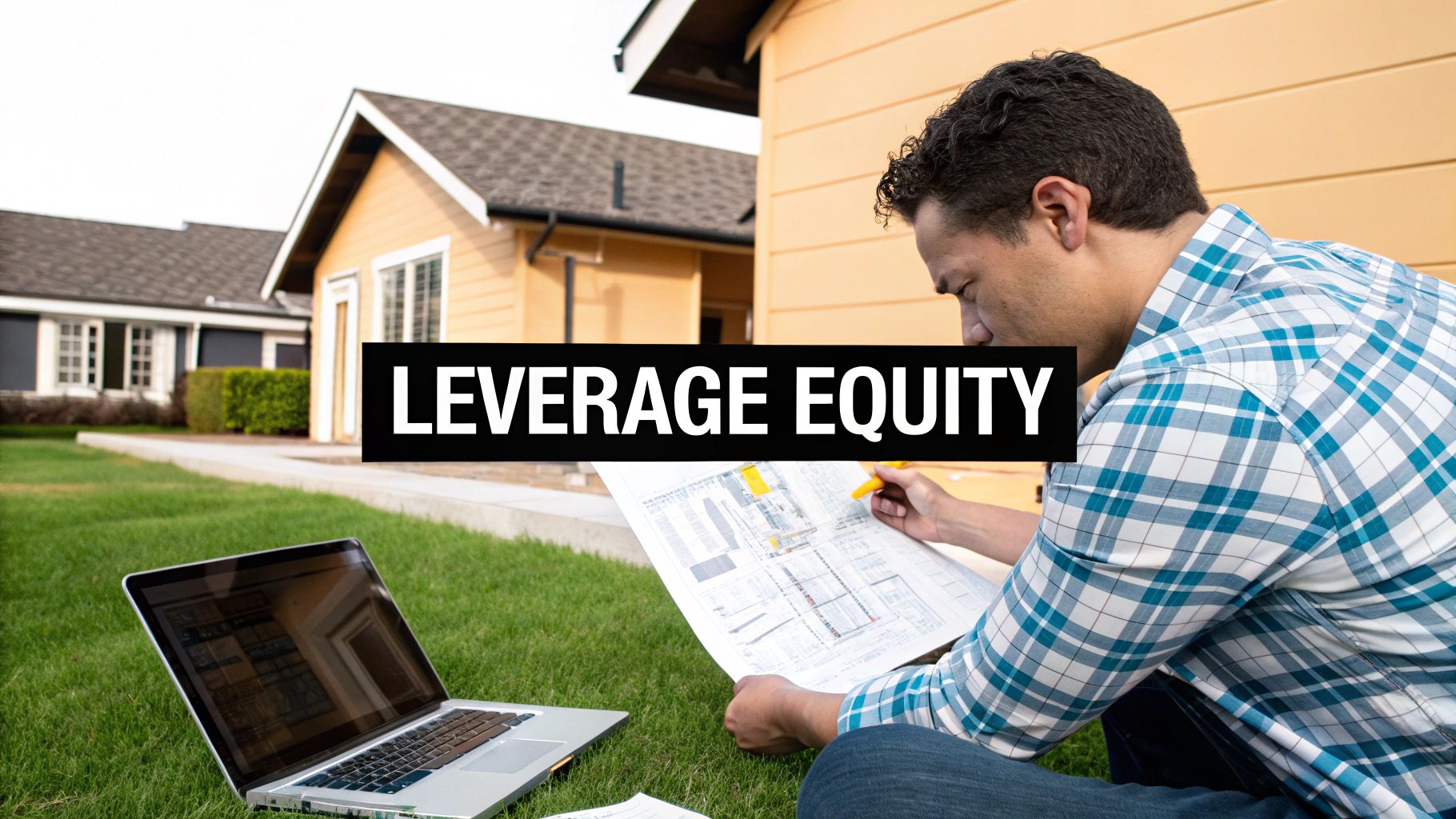 Man reviewing blueprints on grass with laptop and 'LEVERAGE EQUITY' text overlay, in a residential setting.