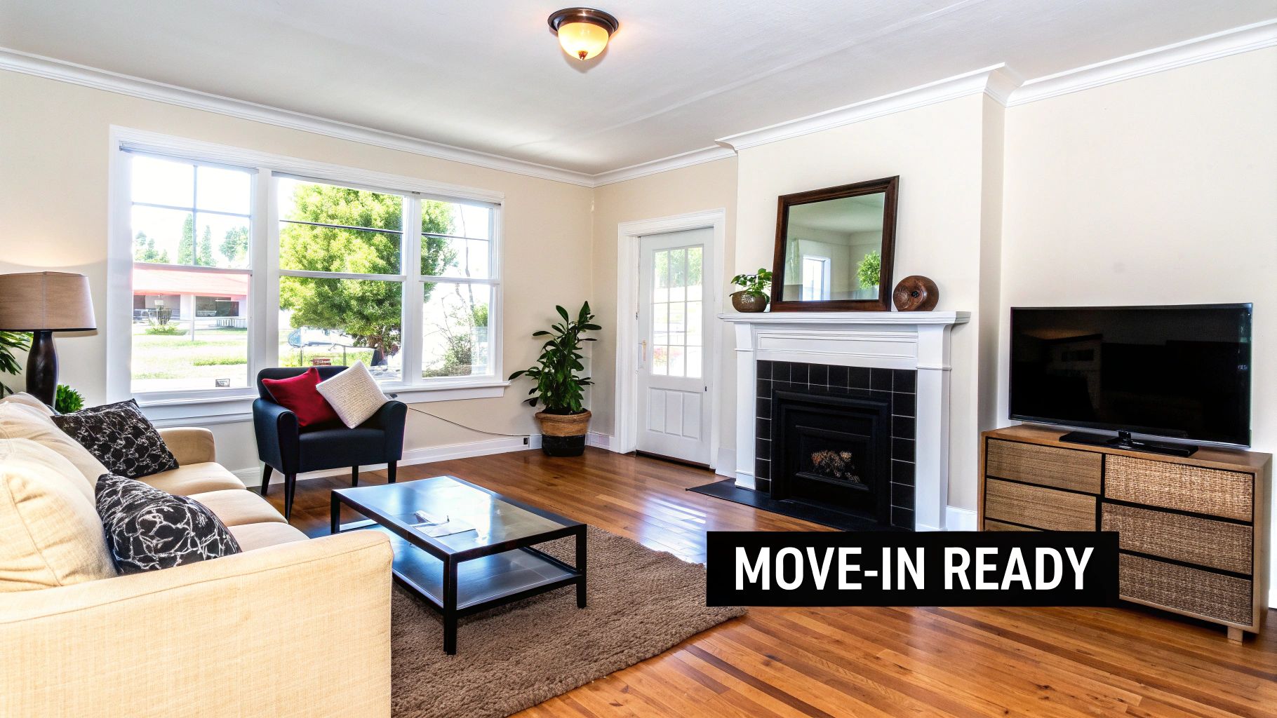 Bright modern living room with hardwood floors, fireplace, and move-in ready banner,Tips for Selling a Home Fast,