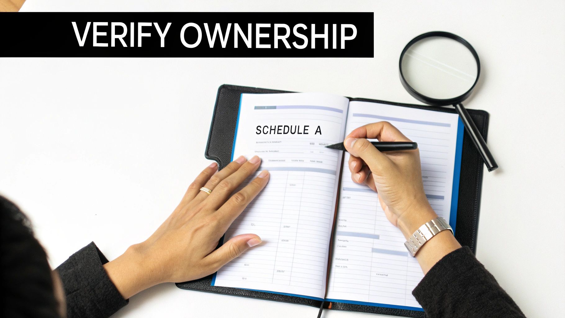 A close-up of a magnifying glass over a property's legal description on a title report document.