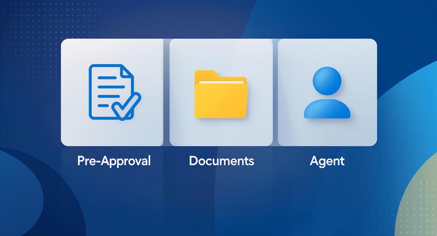 Three white squares with icons and text: Pre-Approval document, Documents folder, and Agent profile.