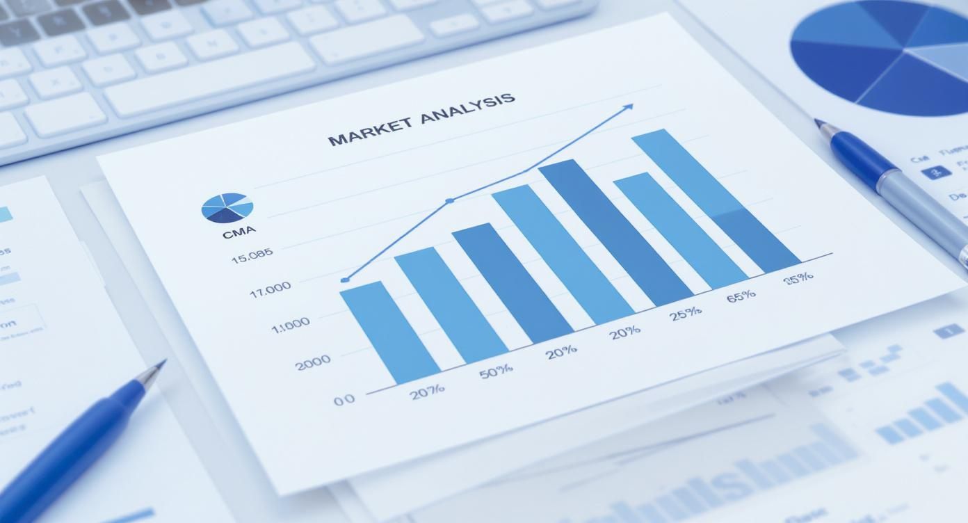 Market analysis report with blue bar chart showing upward growth trend on business desk