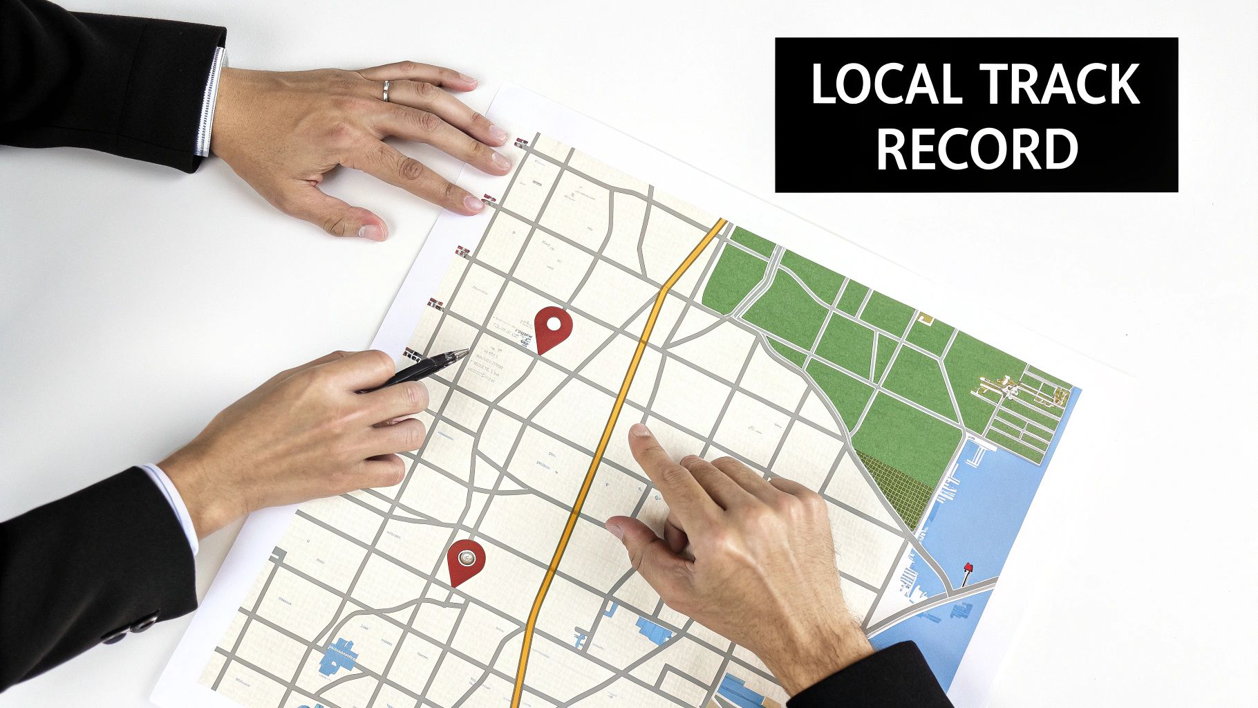 Two professionals discussing a detailed map with location pins, emphasizing local track record.