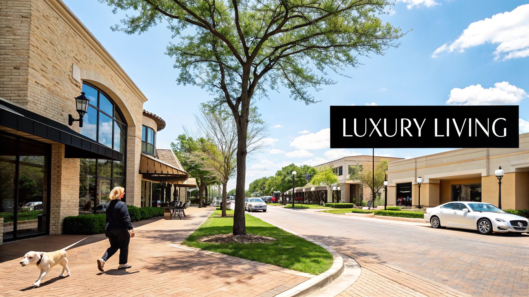A serene street in Preston Hollow with lush greenery and beautiful homes