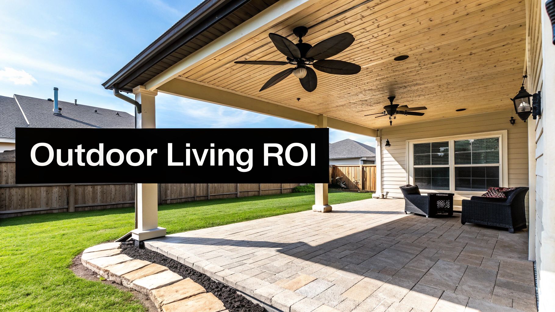 A stylish covered patio in a Dallas home with comfortable seating and an outdoor fan.