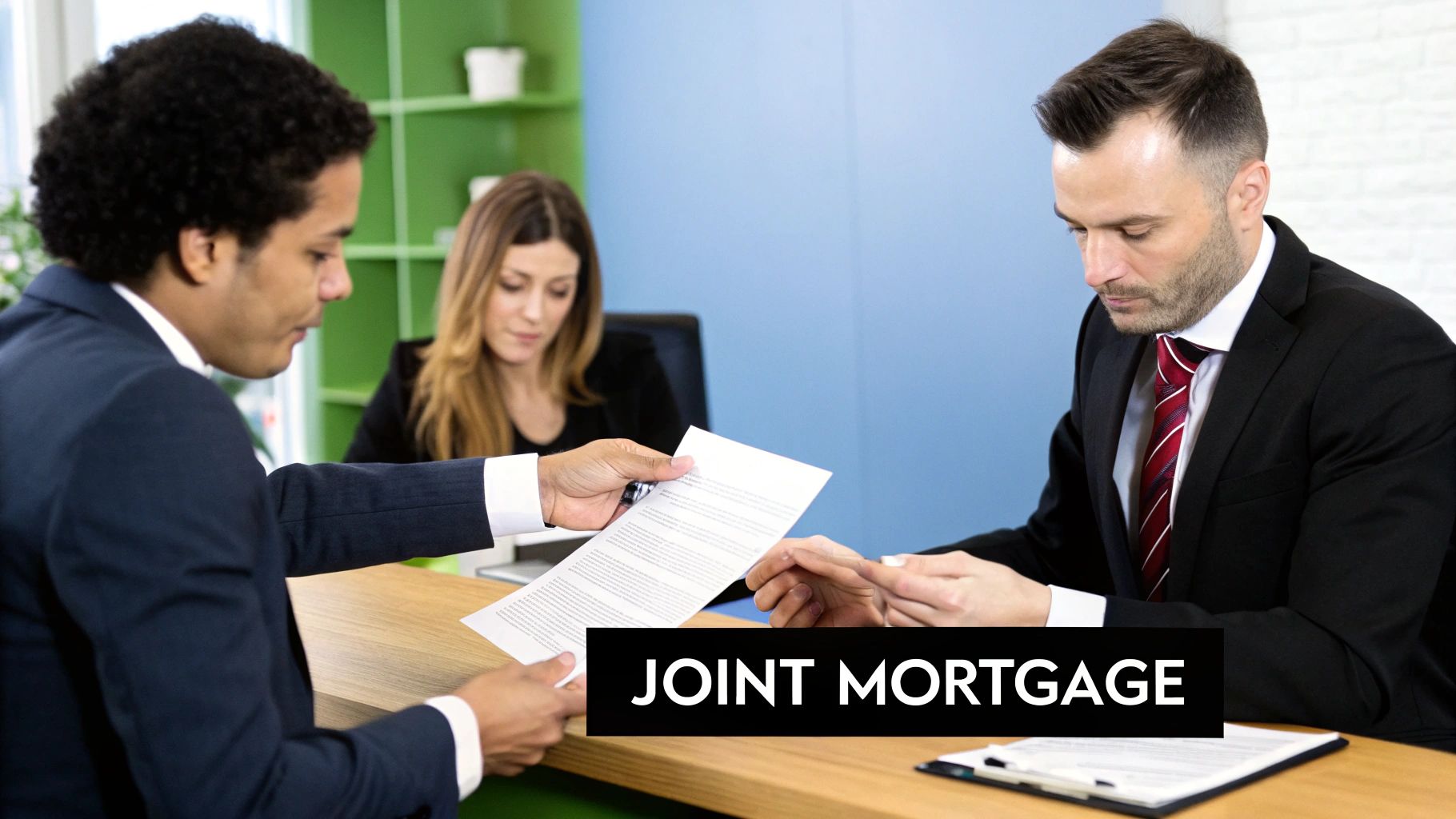 A friendly loan officer discussing mortgage options with two friends in a modern Dallas office.