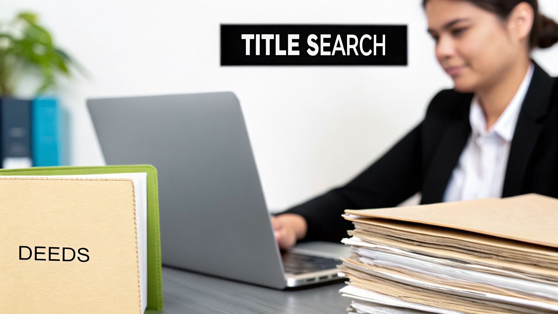 A person conducts a title search on a laptop with folders and a 'DEEDS' binder on the desk.