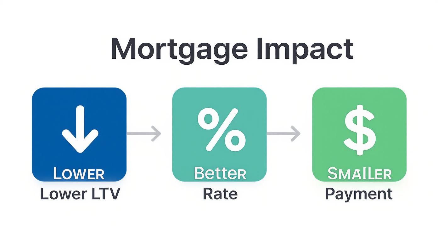 Infographic showing that a lower LTV leads to a better interest rate and a smaller monthly payment.