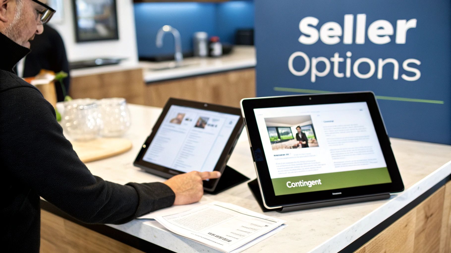 A Dallas real estate agent shaking hands with a client in front of a sold home.