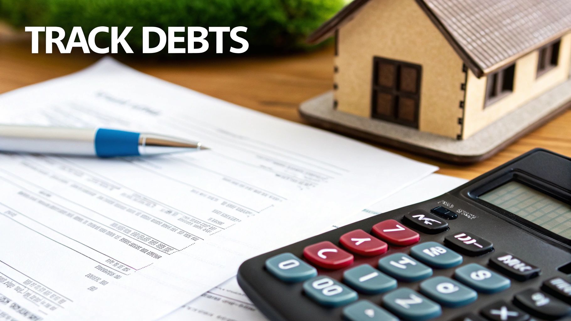 A miniature house model, calculator, pen, and financial documents on a table with 'TRACK DEBTS' text.