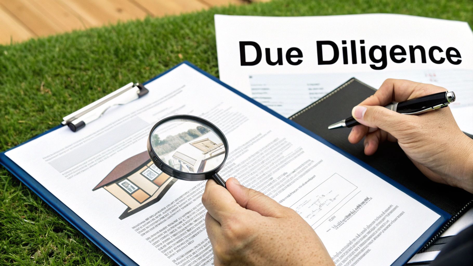 A person inspecting the exterior of a house with a clipboard, representing property due diligence.