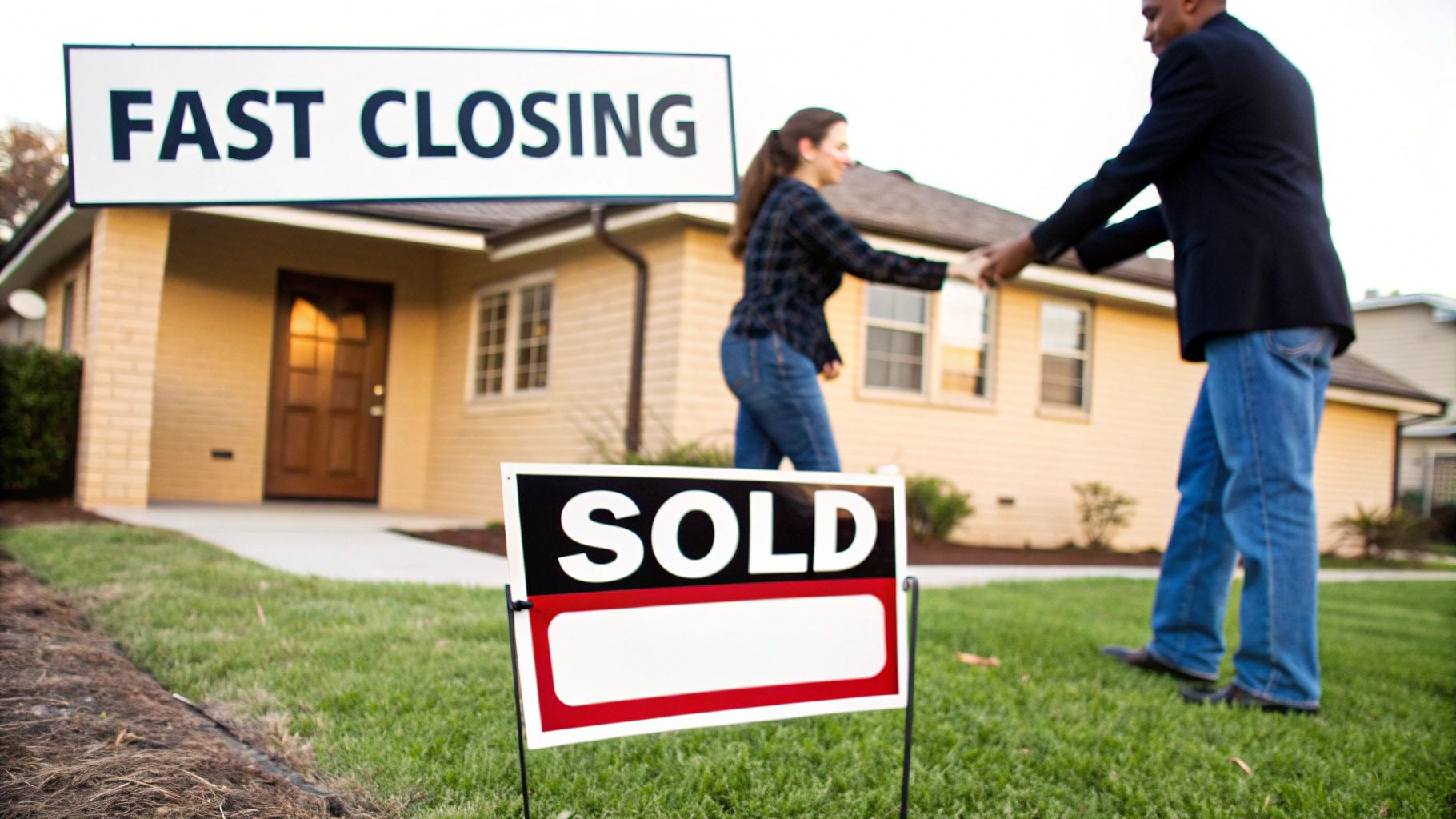 A 'SOLD' sign in the foreground with a 'FAST CLOSING' sign over a house where two people shake hands. What Is a Cash Offer,