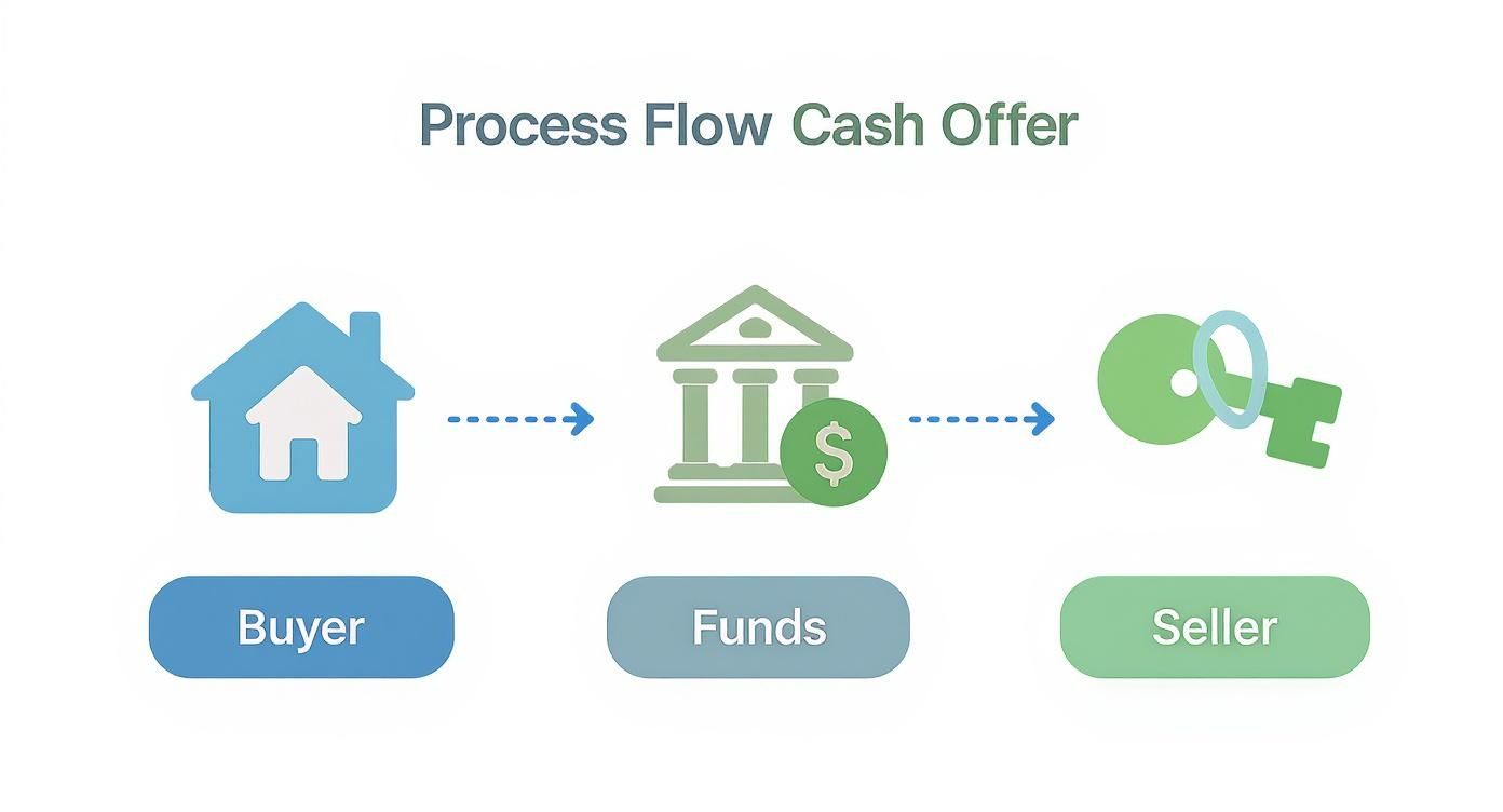 Process flow diagram showing a buyer providing funds for a house to a seller, representing a cash offer. What Is a Cash Offer,