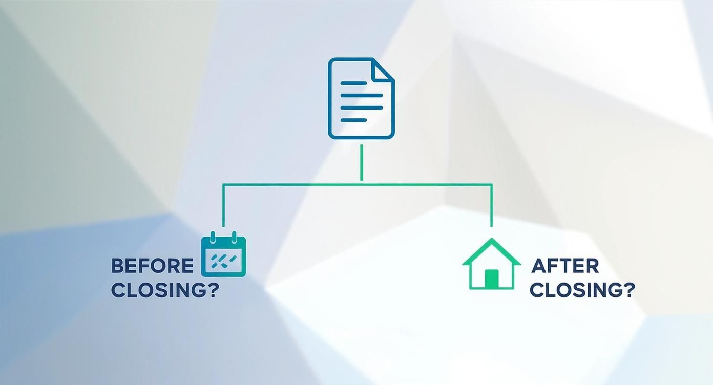 An infographic illustrating a document leading to choices: before closing (calendar) or after closing (house).