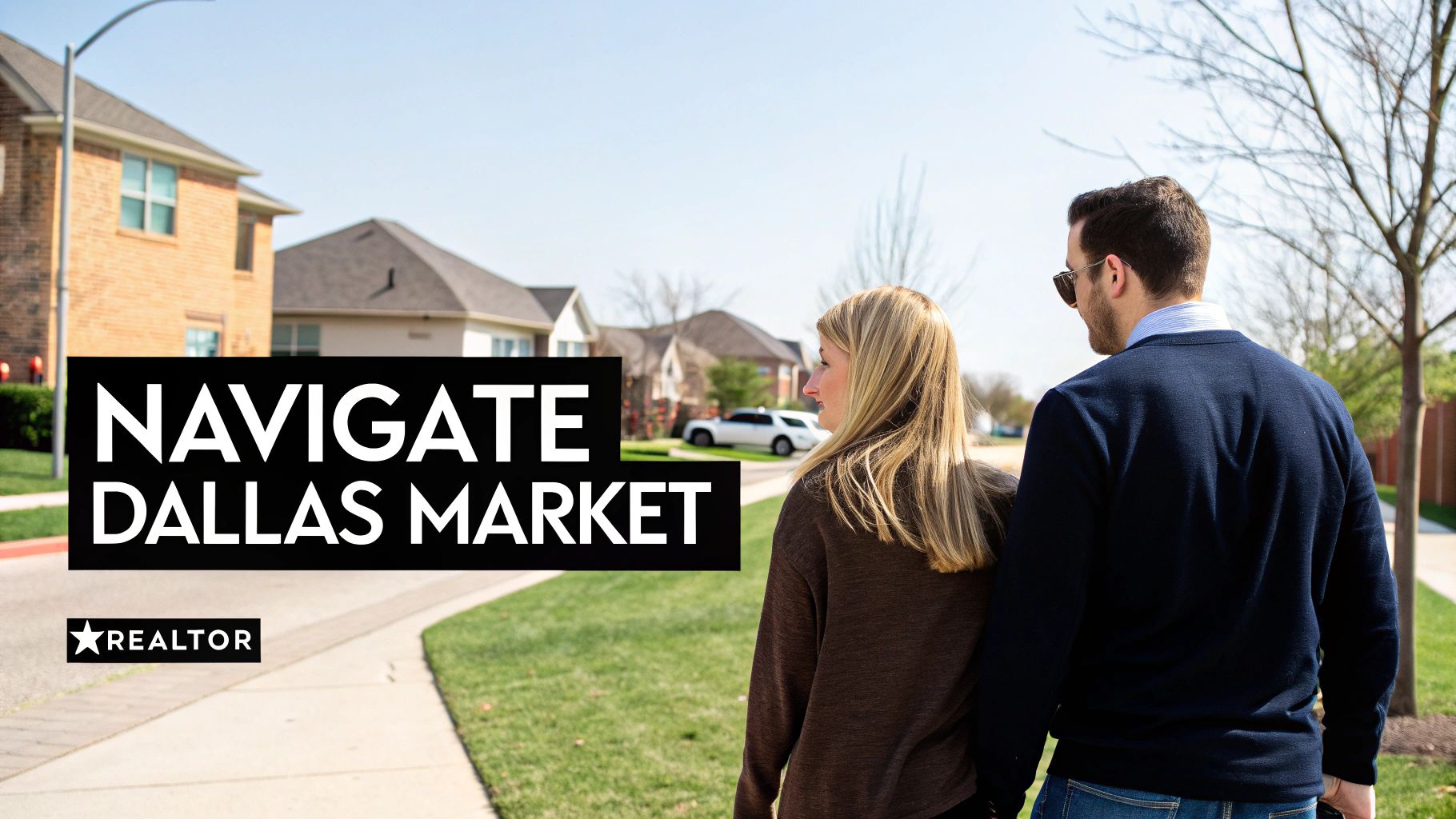 Real estate agent showing Dallas neighborhood homes to couple looking to purchase property,First Time Home Buyer Dallas,