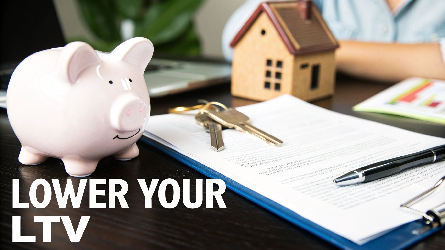 A person placing a coin into a piggy bank with a house-shaped key tag nearby.