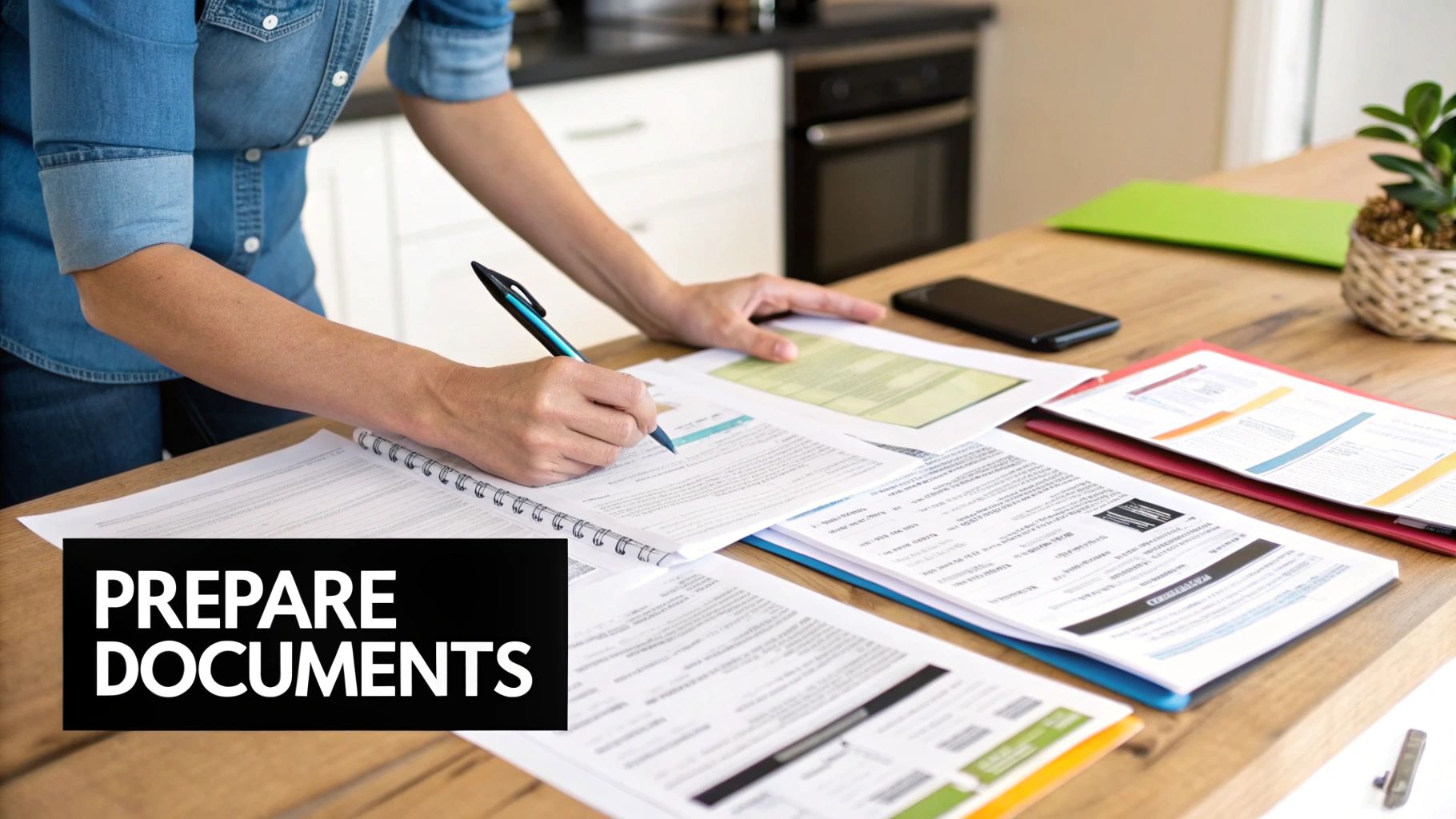 Professional woman organizing and preparing real estate listing documents on wooden desk with pen