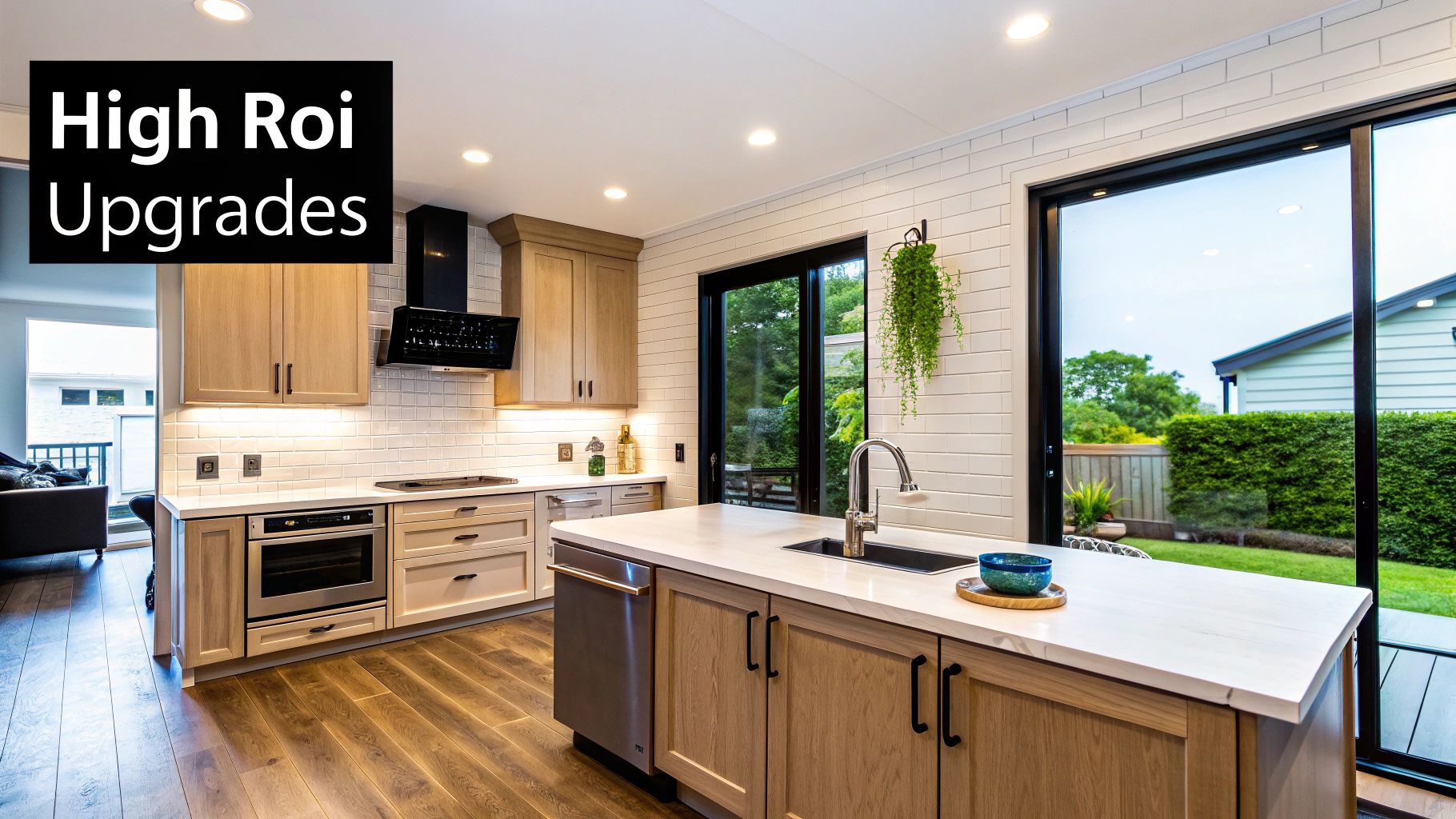 A modern kitchen with white cabinets and a central island, a prime example of a high-ROI upgrade in Dallas