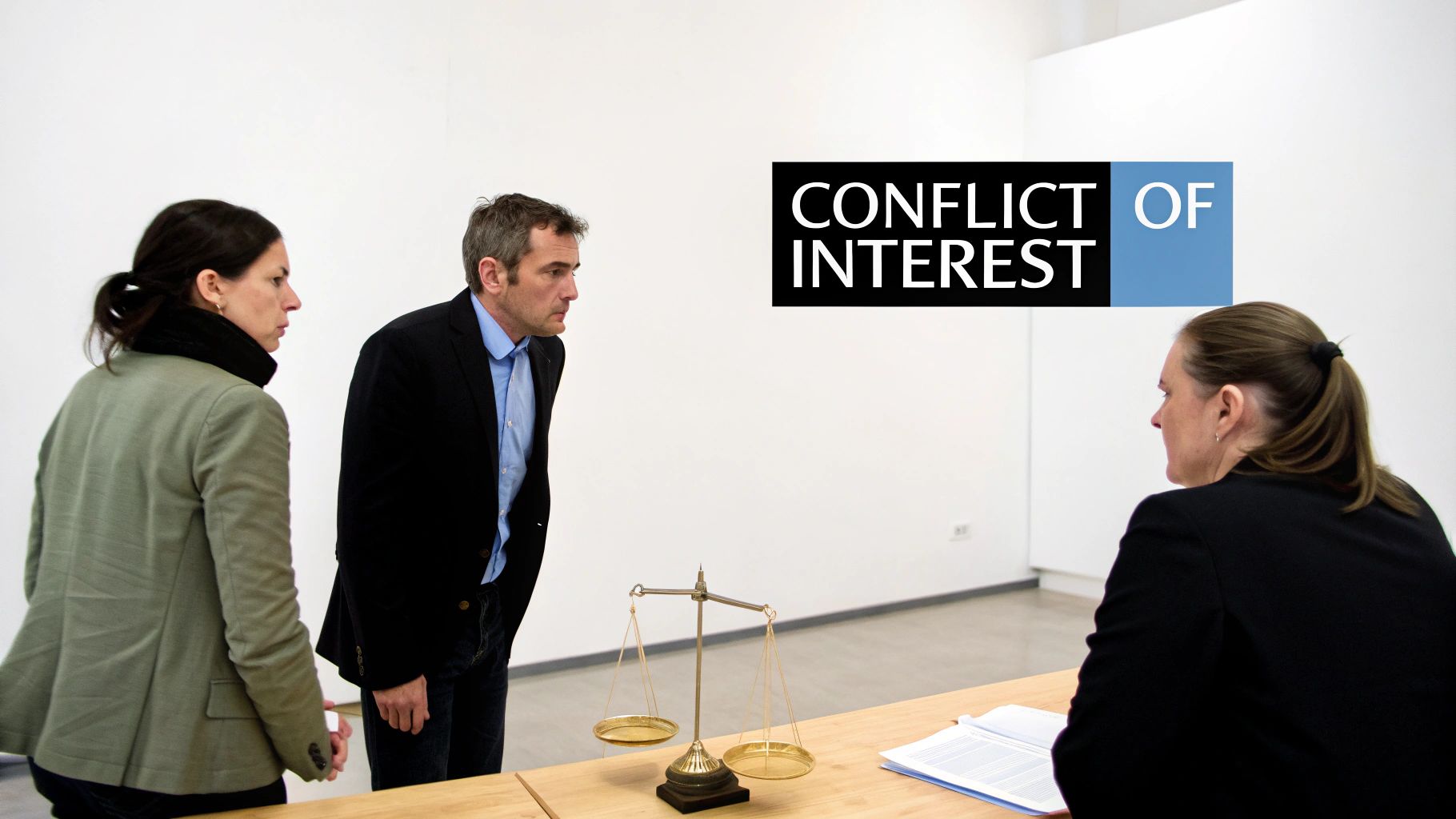 A red warning sign with an exclamation point, symbolizing the risks and conflicts of interest in real estate.