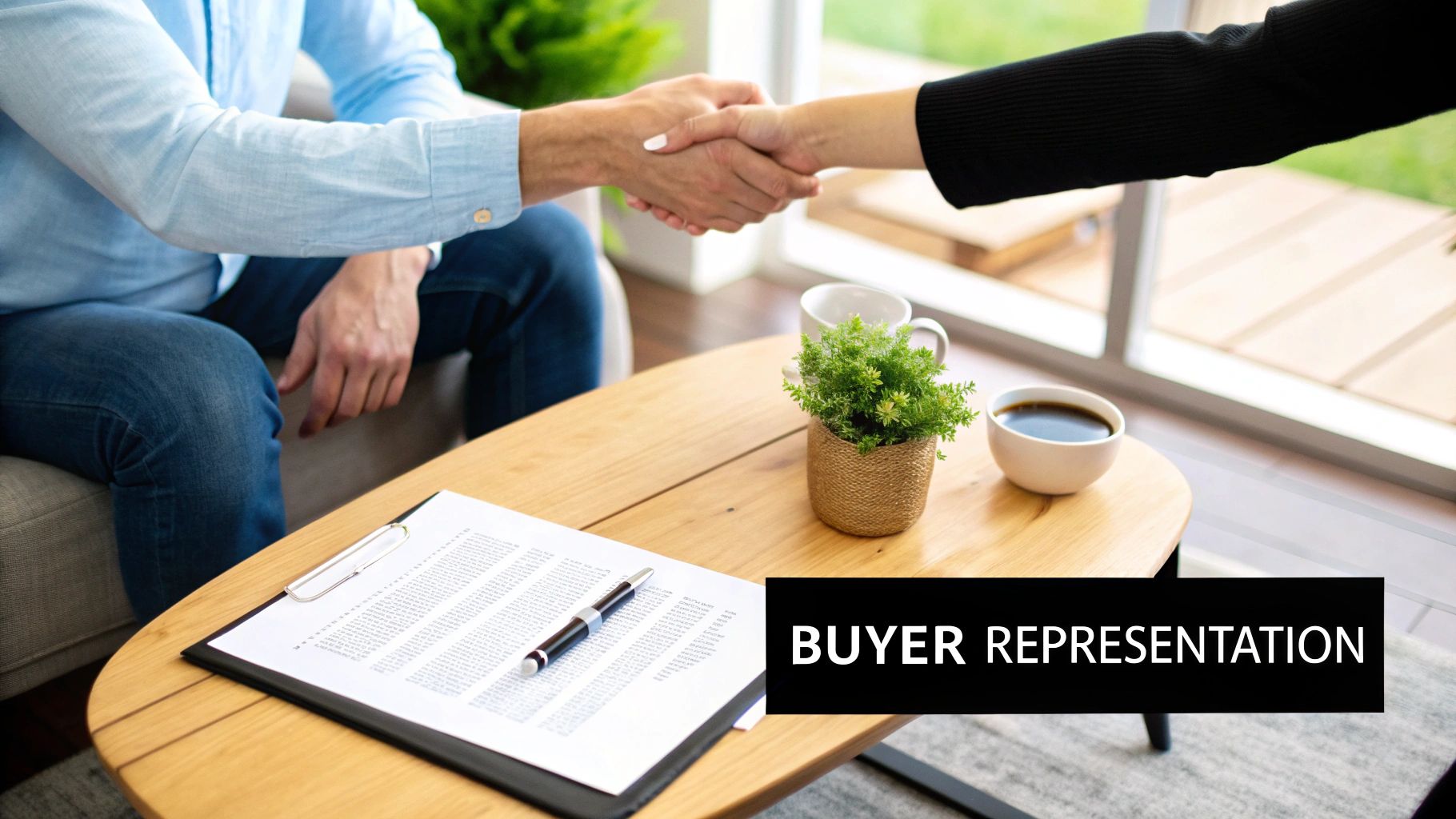 Two professionals shaking hands over buyer representation agreement contract on wooden table,What Is a Buyer Representation Agreement,