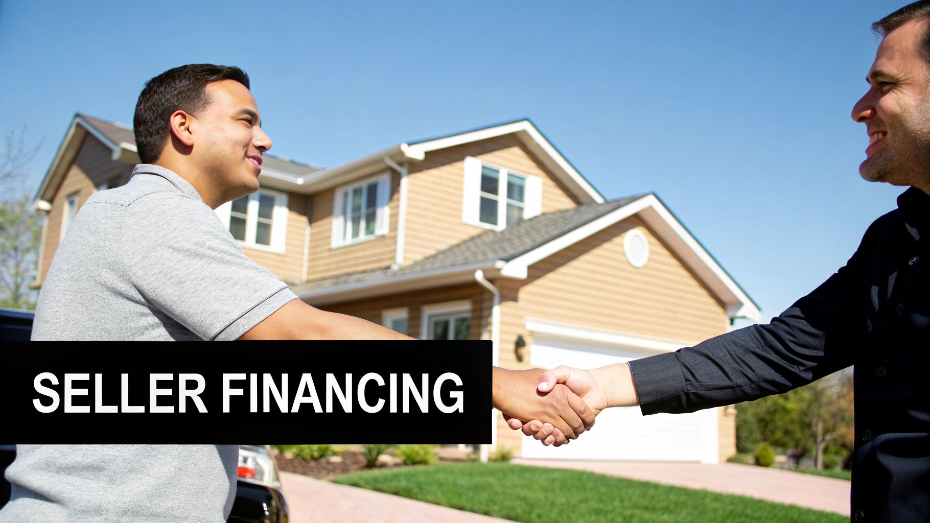 A modern home in Dallas with a manicured lawn, representing a property available for seller financing.