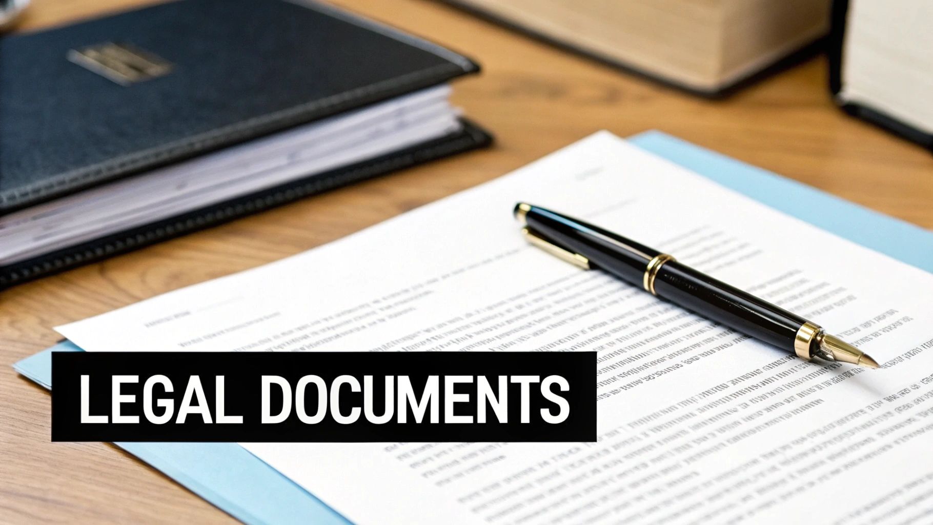 A stack of legal documents and a pen on a wooden desk, symbolizing the contracts in a Dallas seller financing deal.