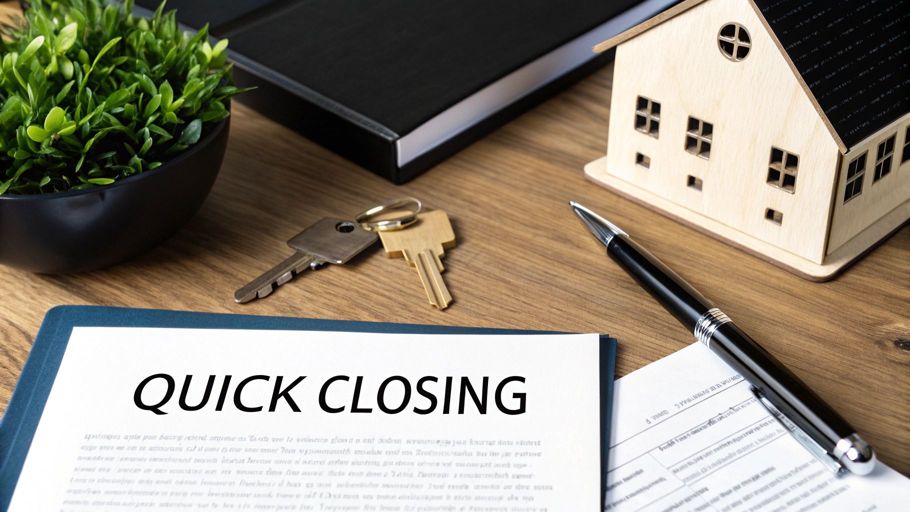 A desk with a document titled 'QUICK CLOSING', house keys, a pen, and a wooden model house, symbolizing real estate transactions.
