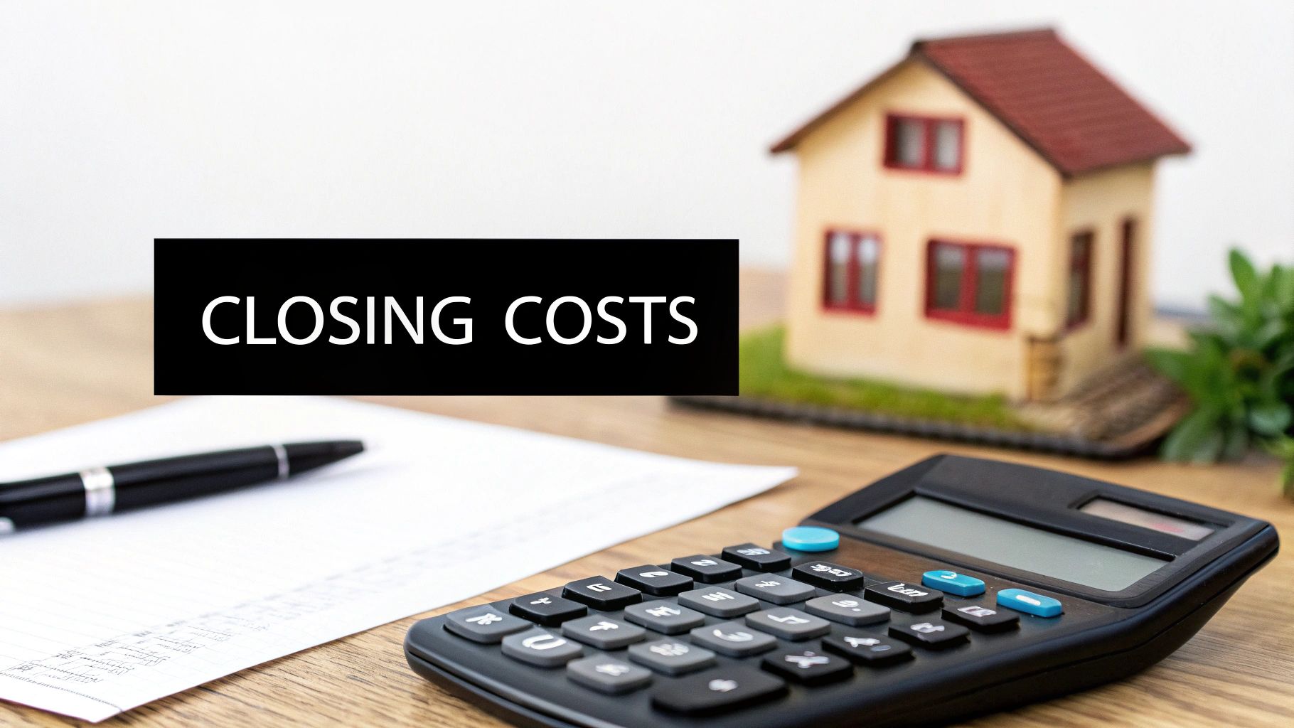 A calculator and pen on a table with house keys, symbolizing the calculation of Dallas real estate closing costs.