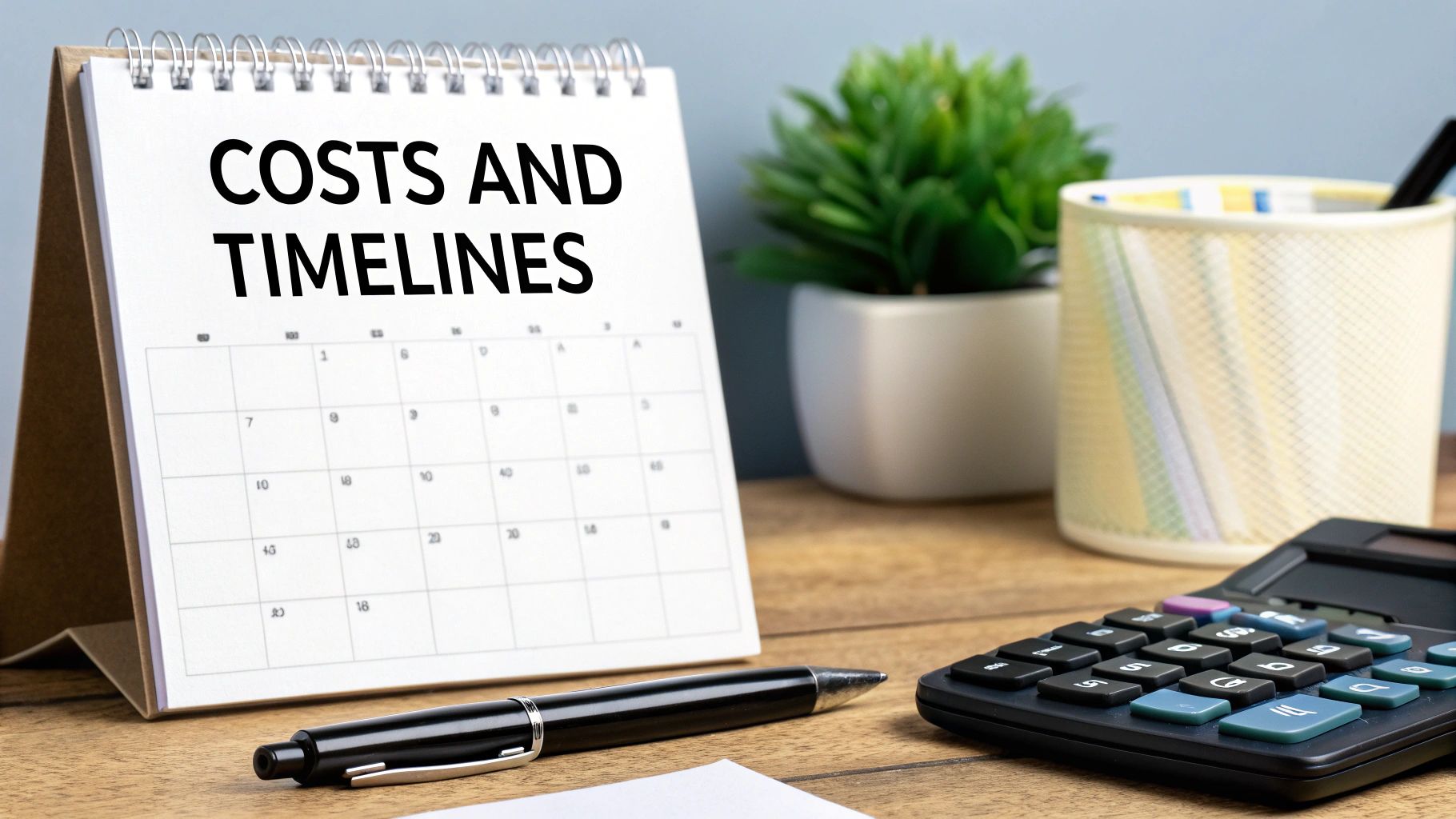 A calendar and calculator on a desk, representing financial planning for a home purchase.