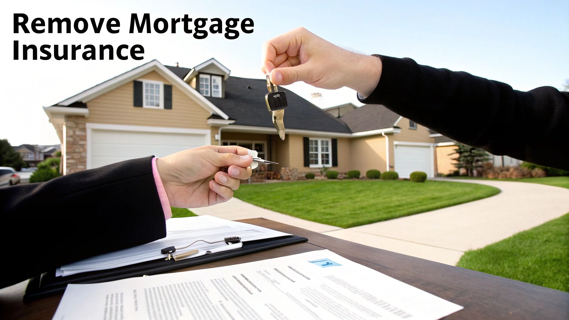 A happy individual celebrating in front of their new Dallas home, representing financial freedom after removing mortgage insurance.