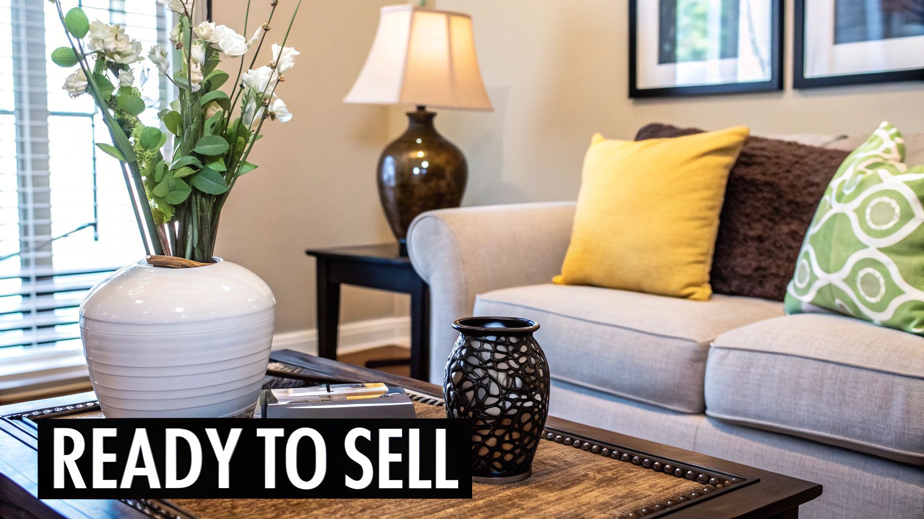 A bright, modern living room staged for a home sale.