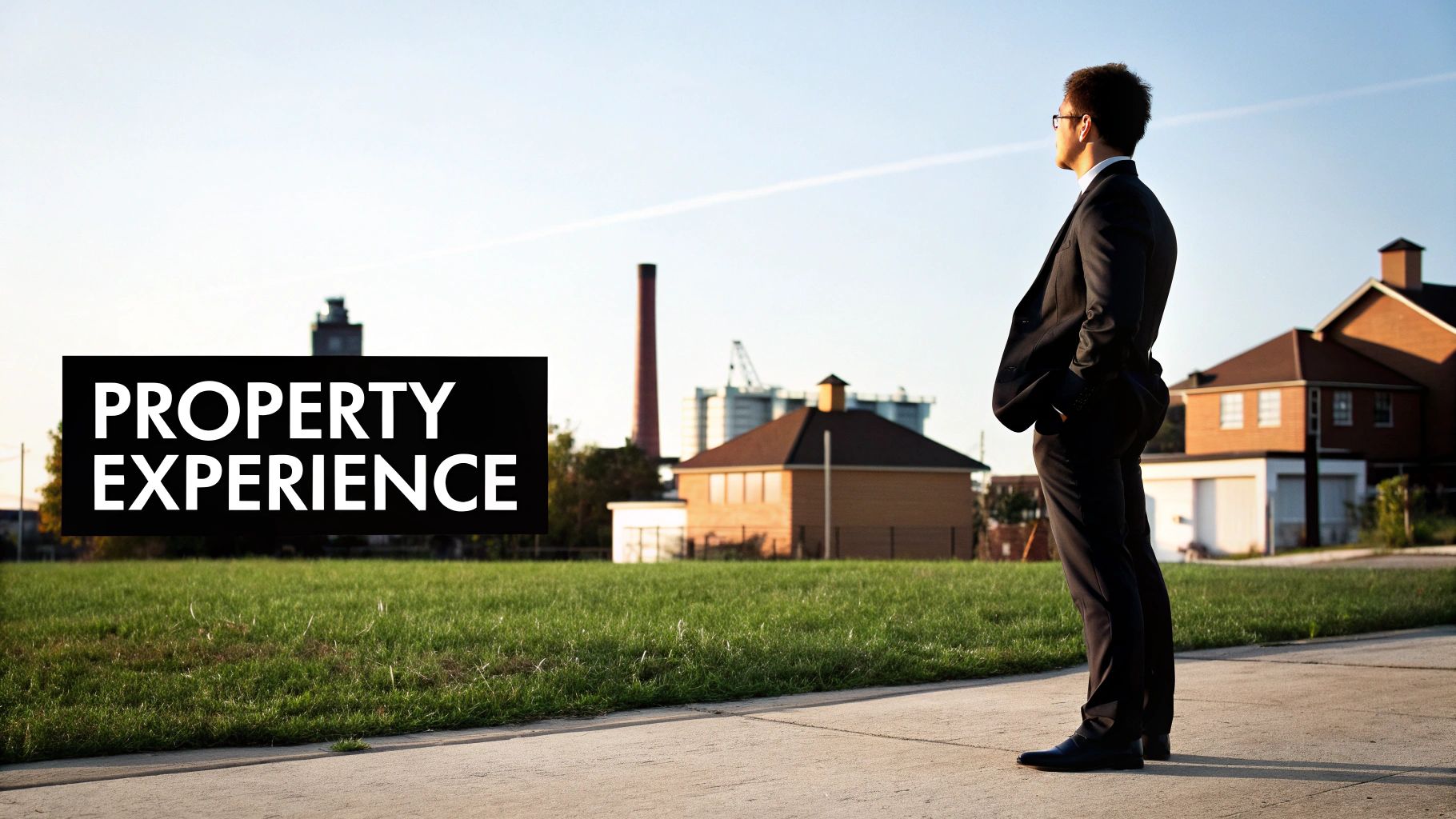 Professional man in a suit looking over diverse properties and a green field, featuring 'PROPERTY EXPERIENCE'.