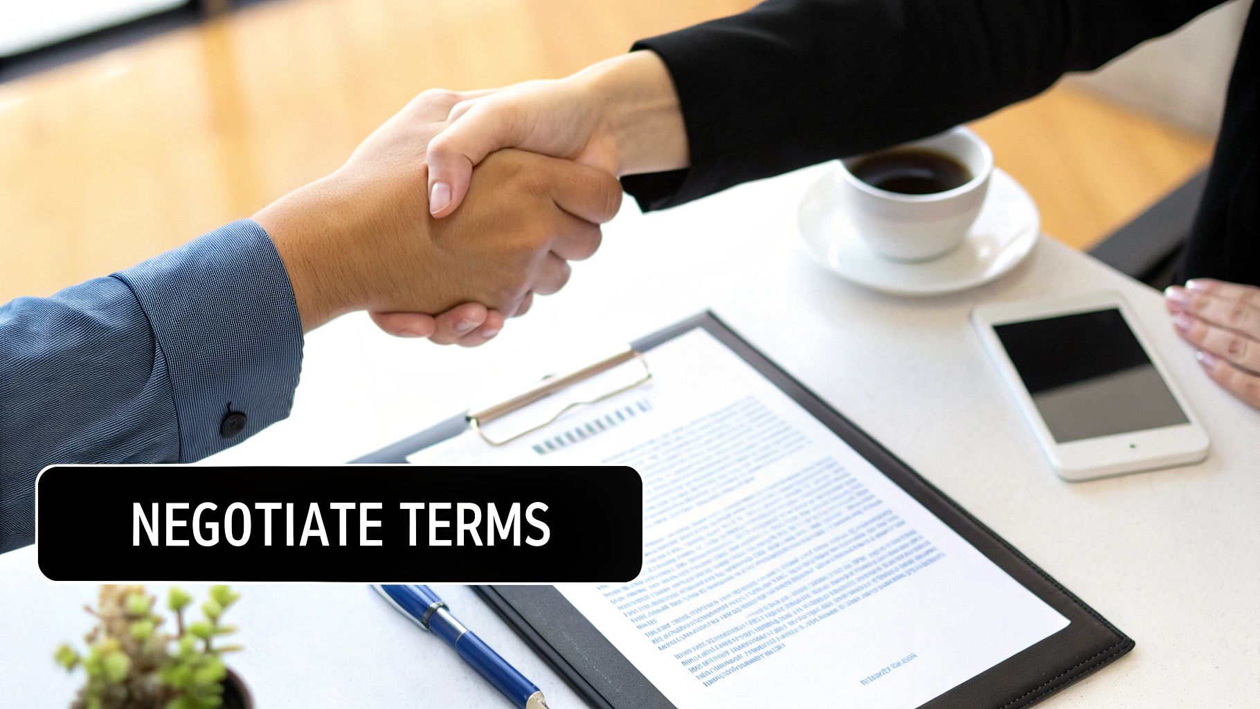 Two people shaking hands over a table with documents, signifying a successful negotiation