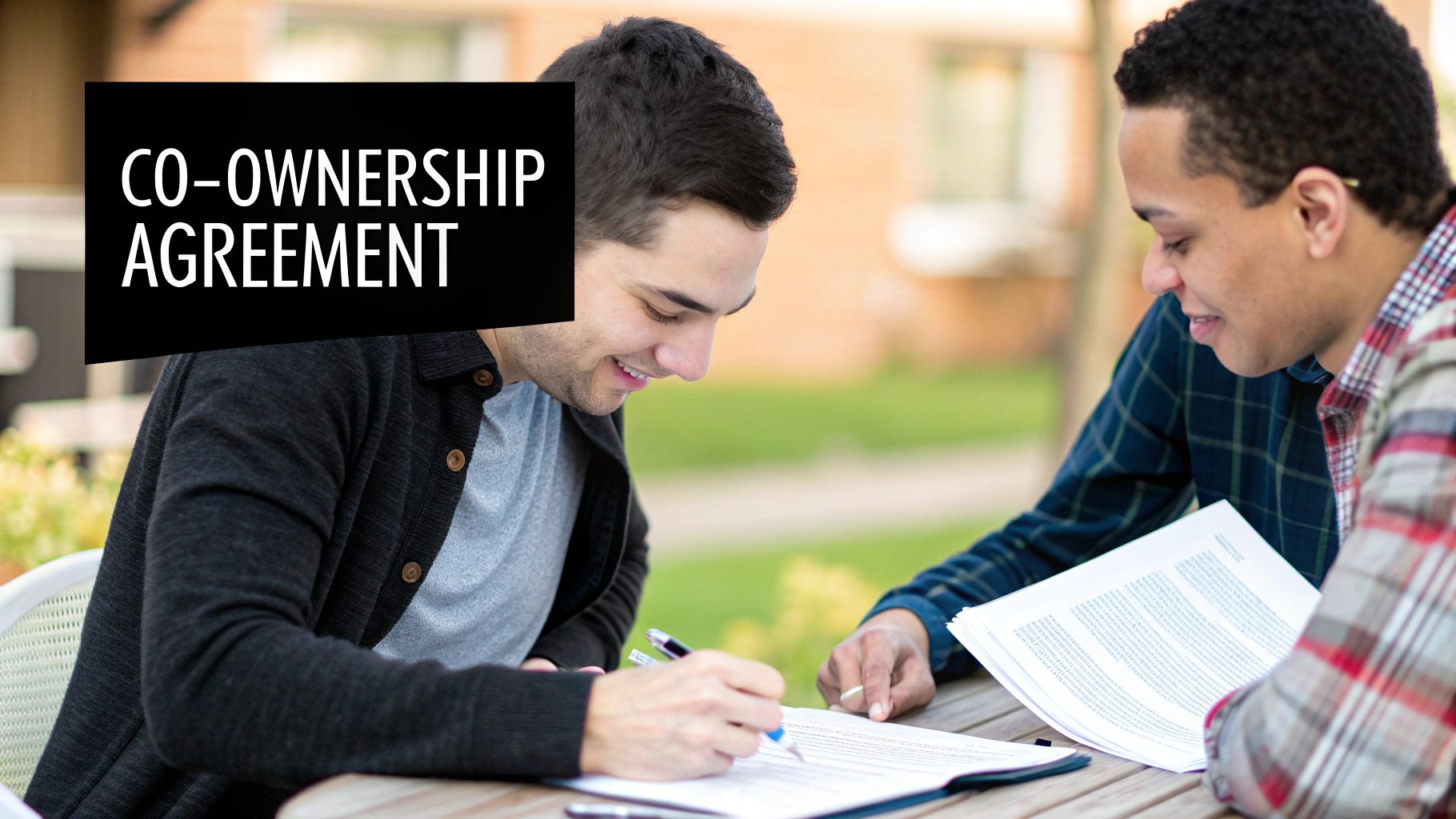 Two people signing a legal document together at a table