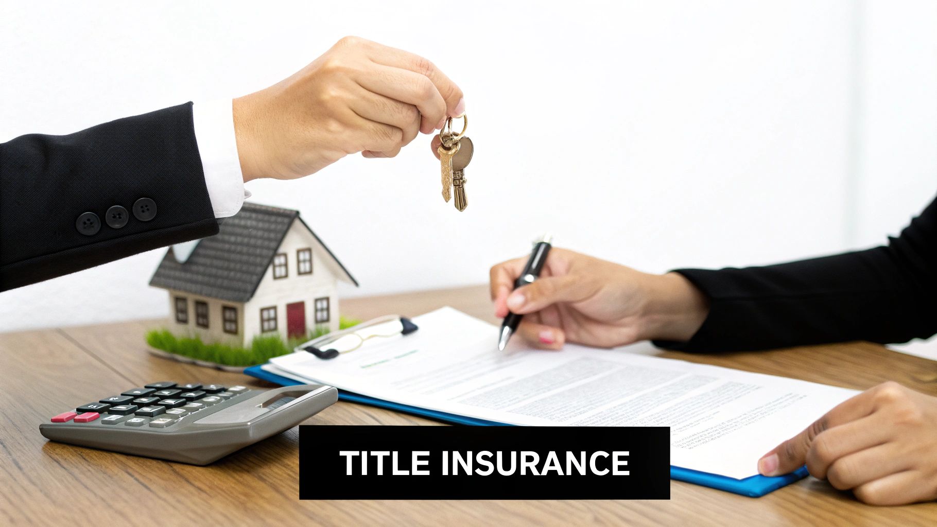 Hands exchanging house keys and a person signing documents, with a miniature house on a desk, illustrating title insurance.