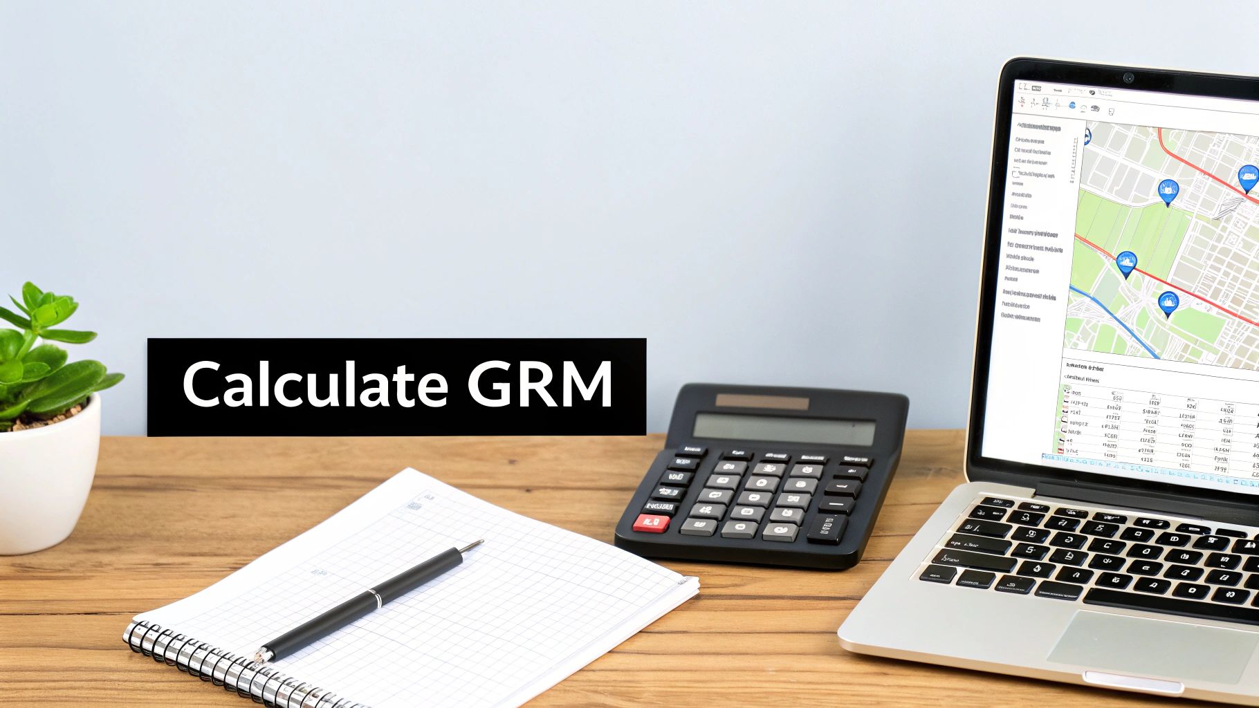 A close-up shot of a calculator and pen on top of blueprints, with a Dallas property in the background.