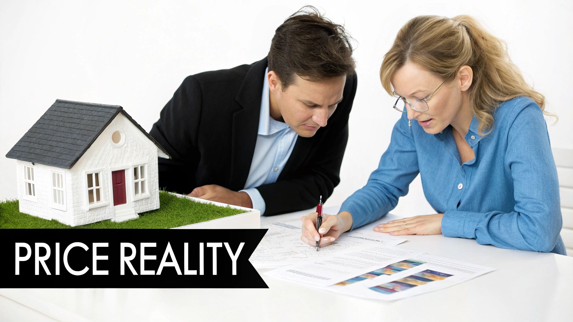 Two real estate professionals, a man and a woman, review documents on a table next to a model house.