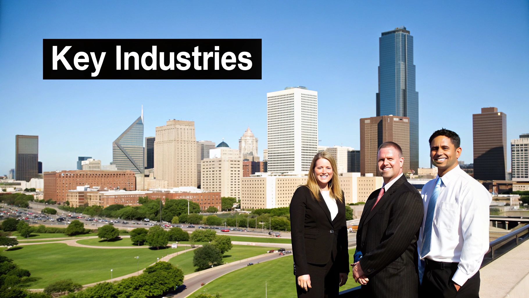 Professionals collaborating in a modern Dallas office, representing the city's diverse industries.