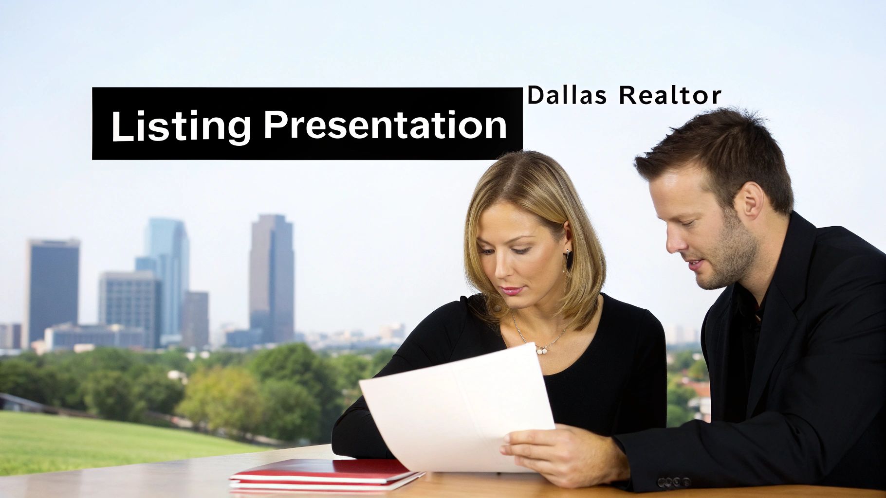 Two real estate professionals reviewing listing presentation documents with Dallas skyline in background,what is a listing presentation,