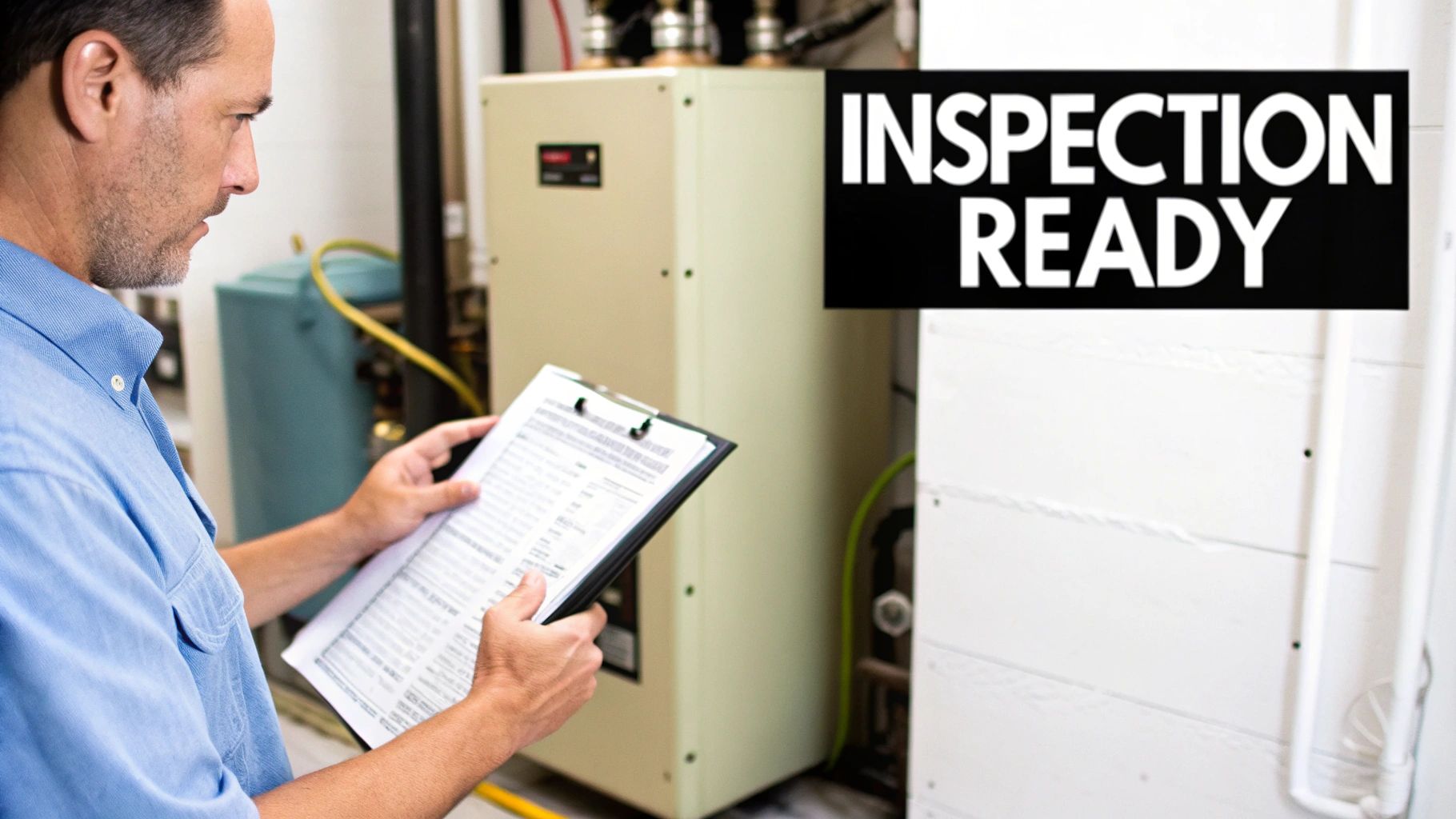 Home inspector reviewing checklist near heating and water system before property sale