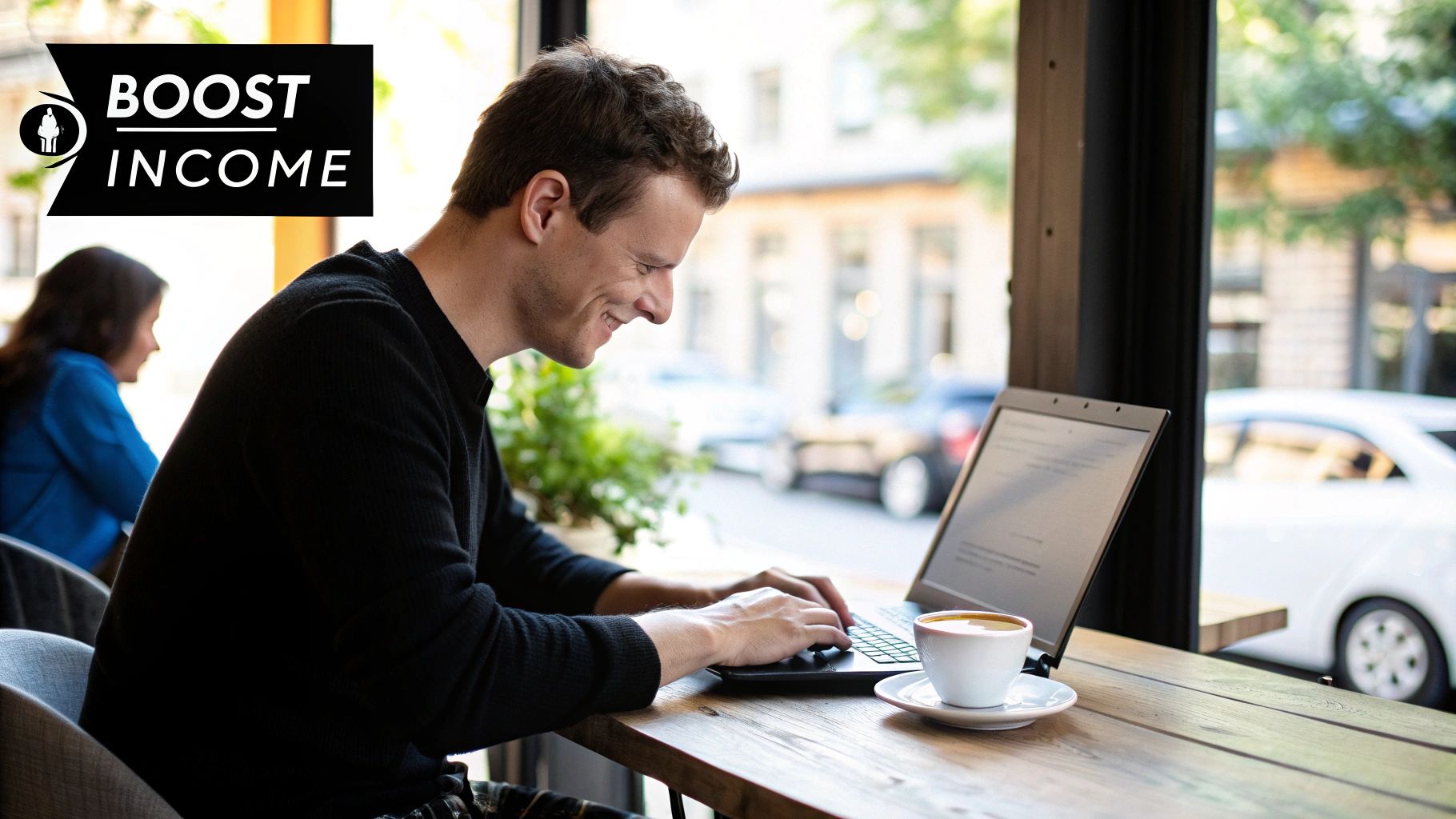 A person working on their savings plan with a laptop and a growing plant nearby, symbolizing financial growth.