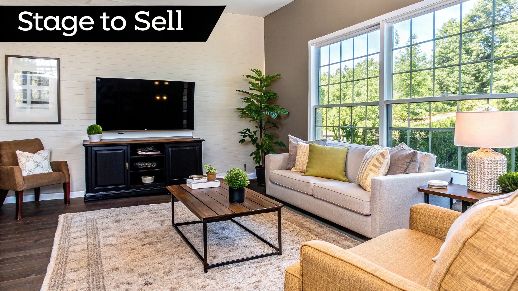 A beautifully staged living room with modern furniture, neutral colors, and plenty of natural light, showcasing how to maximize space and function. Preparing Home for Sale Checklist