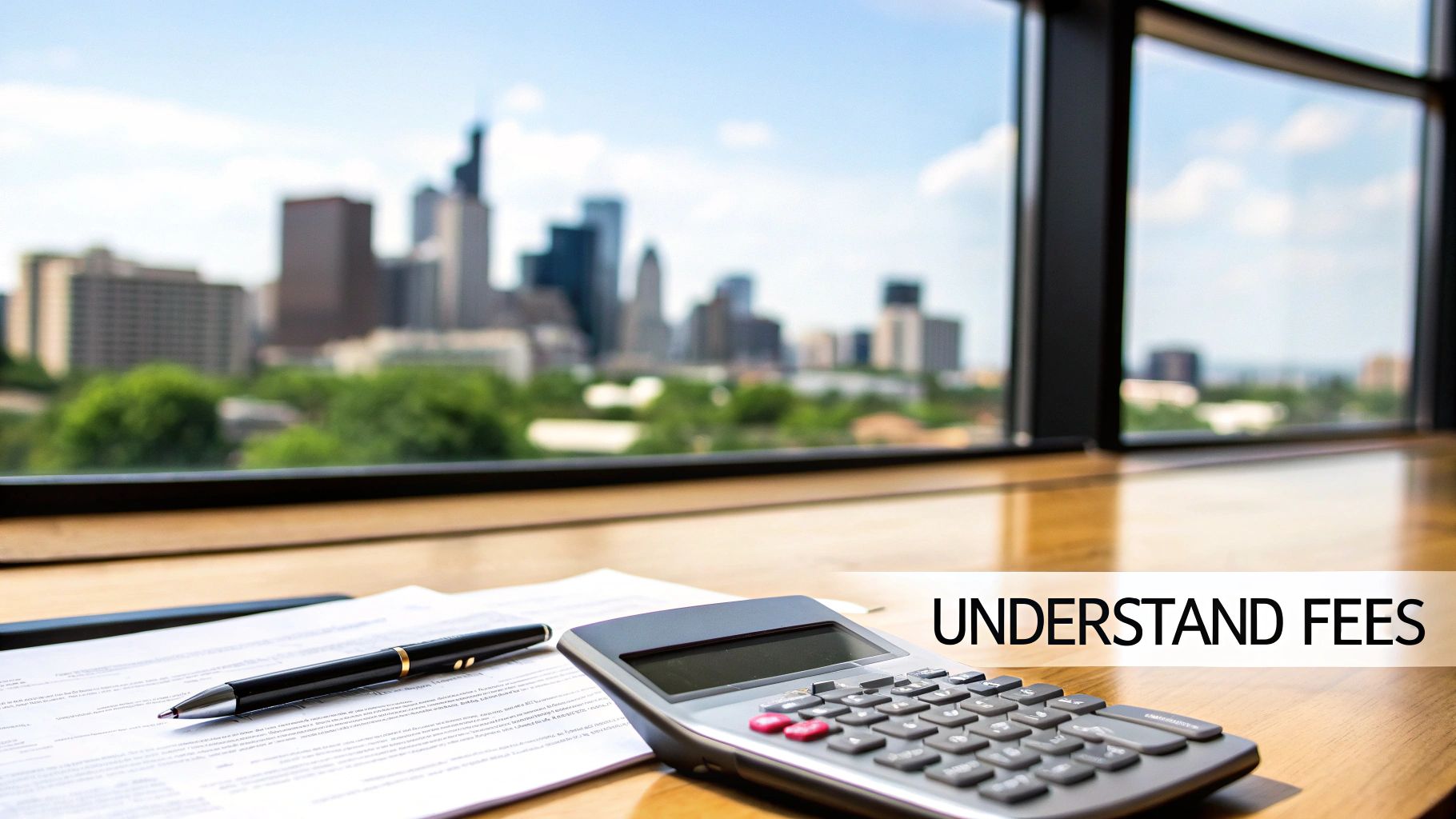 Calculator, pen, and documents on desk with city skyline view illustrating understand fees concept,real estate commission,