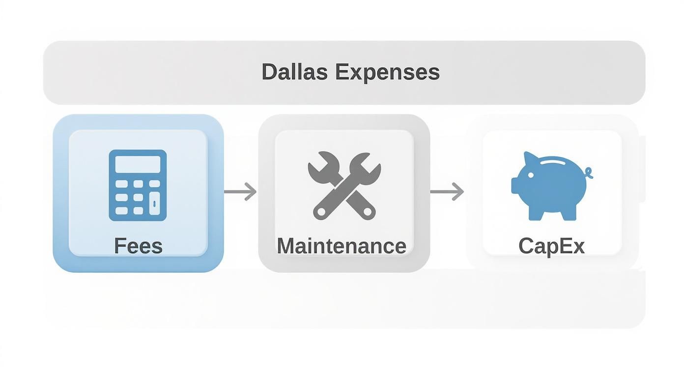 An infographic showing the three-step process of accounting for Dallas rental property expenses fees, maintenance, and capital expenditures.
