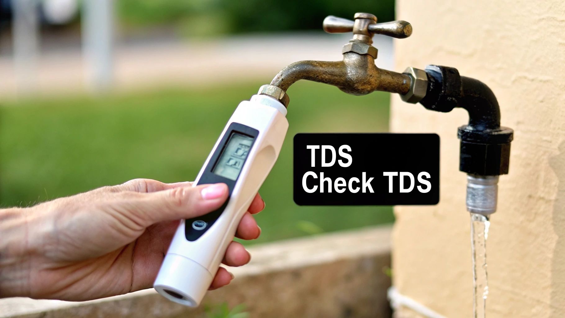 A hand holds a TDS meter measuring the total dissolved solids in water flowing from an outdoor tap.