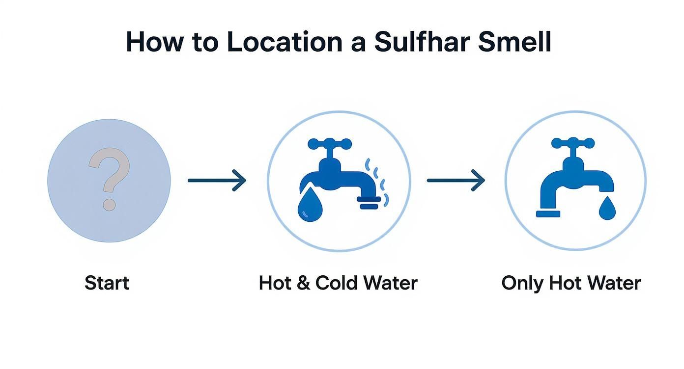 Infographic decision tree on locating a sulfur smell in your water.