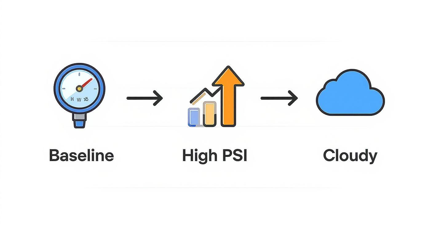 Flow diagram showing a pressure gauge labeled 'Baseline' leading to a chart with 'High PSI' and then to a cloud icon labeled 'Cloudy'.