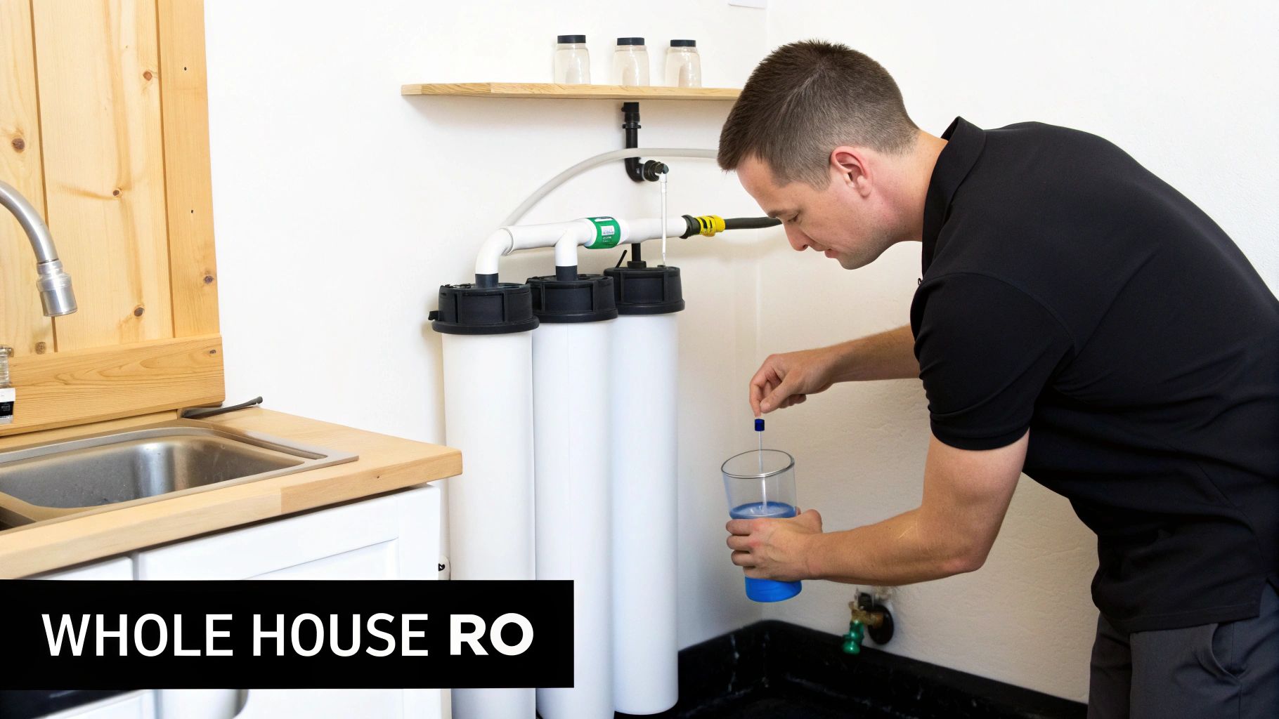 Man in black shirt performing a water test near a whole house RO filtration system.