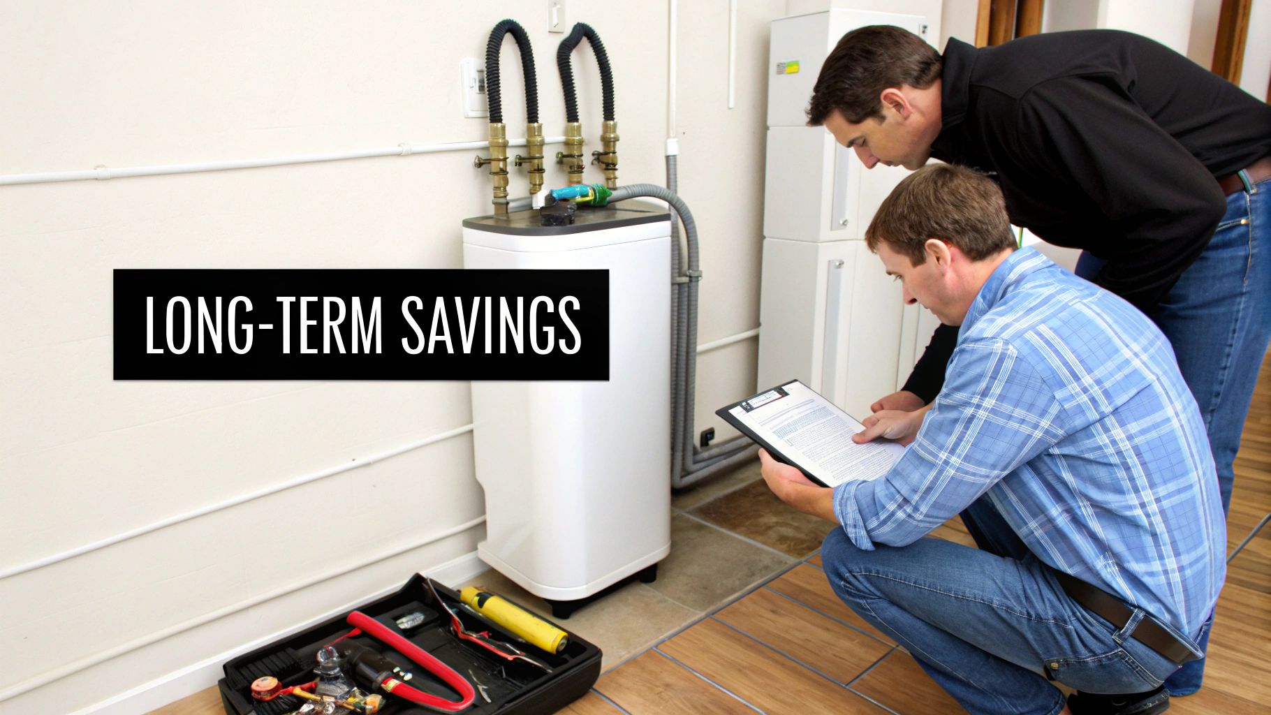 Two men discuss documents near a water softener system, with 'LONG-TERM SAVINGS' overlaid.